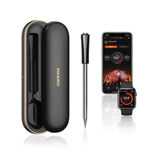 Inkbird INT-11P-B Bluetooth Steketermometer-settet inkluderer et etui, sonde og penn, og kan vise temperaturavlesninger på smarttelefonen eller smartklokken din via appen.