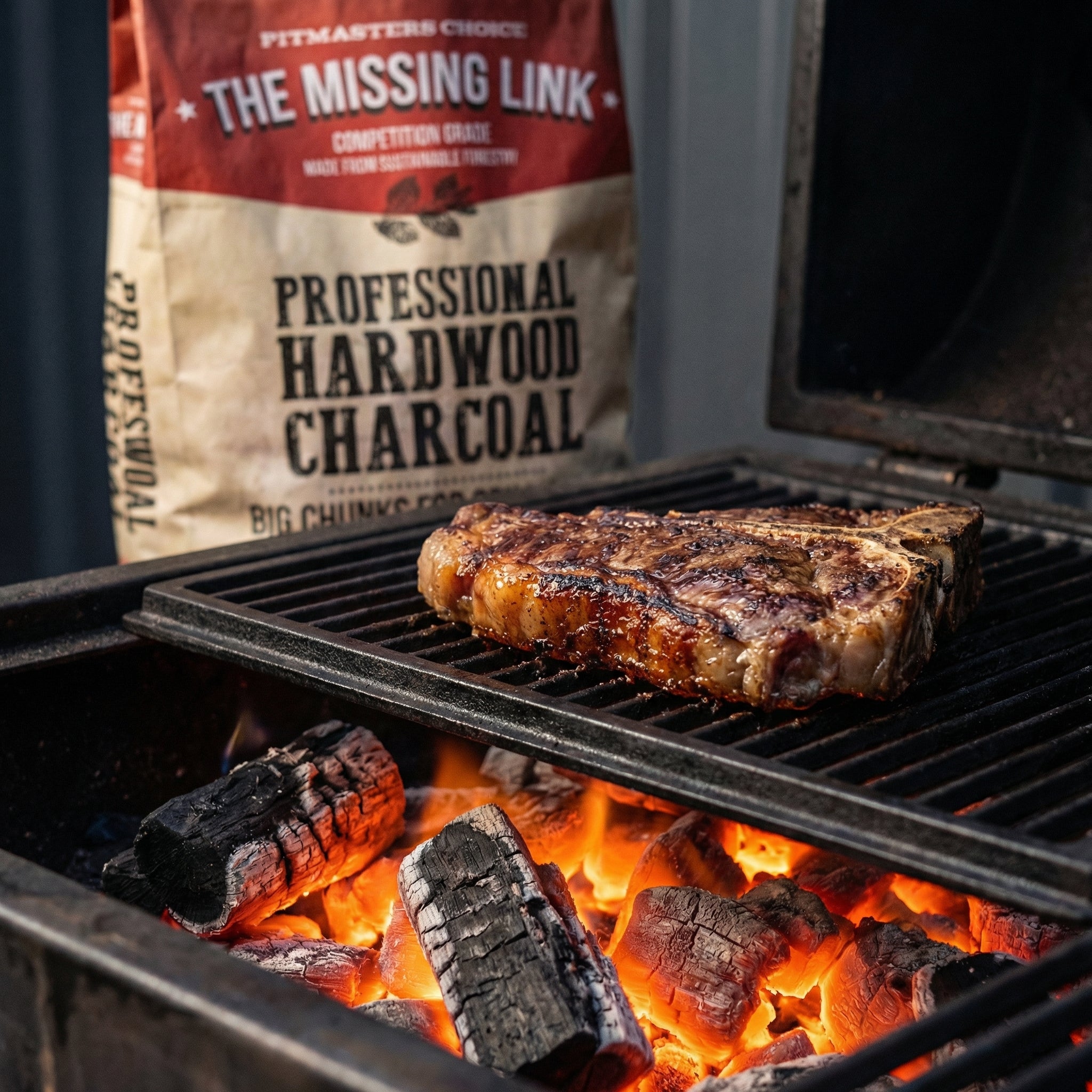 En biff syder på grillen over glødende kull, med en pose Missing Link 8 kg Grillkull av Argentinsk Quebracho Blanco i bakgrunnen.