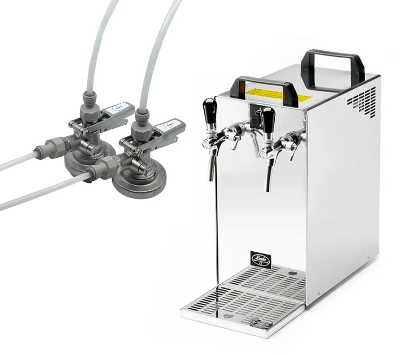 Brewshop Lindr Kontakt 40/K Dispensing Kit for KeyKeg & PolyKeg - Startsett har en øldispenser i rustfritt stål med to kraner, en kobling for to kraner og påmonterte slanger for enkel KeyKeg-kompatibilitet.