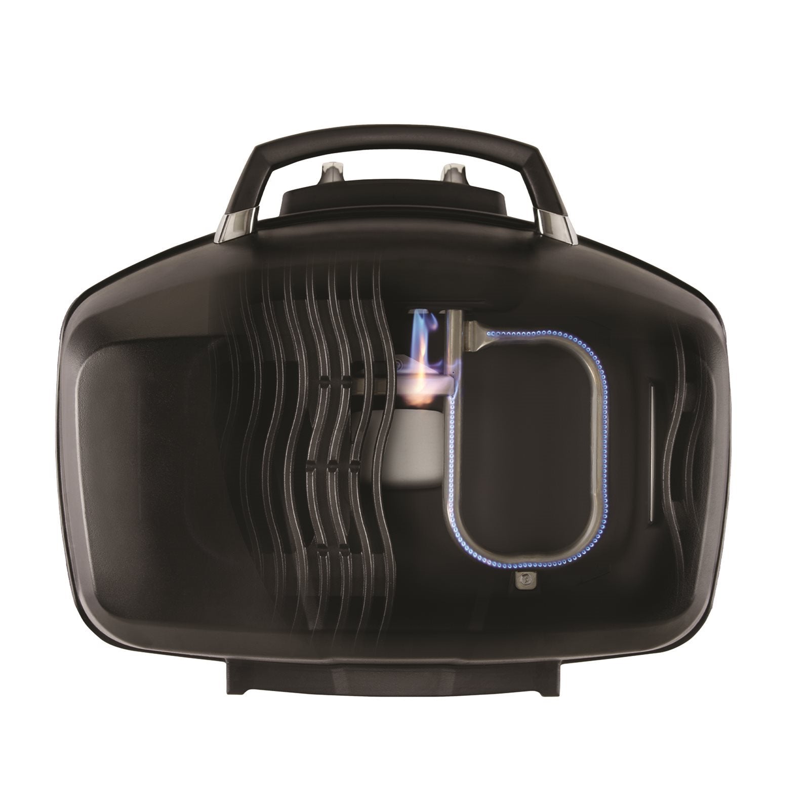 Oversiktsbilde av en lukket Napoleon TravelQ PRO 285X gassgrill med et utsnitt som viser den aktive gassbrenneren og flammen inne i denne kompakte, bærbare grillen.