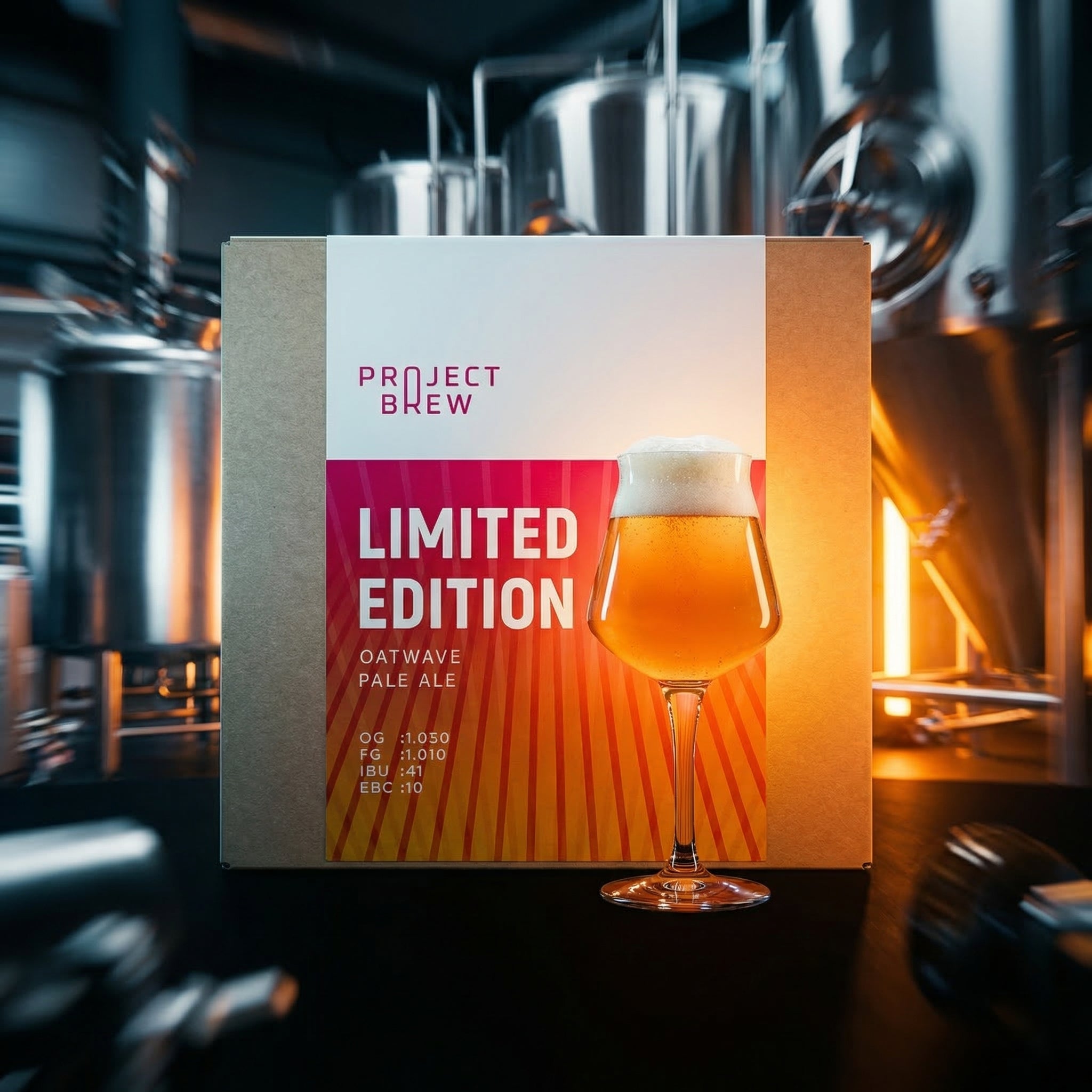 Et ølglass med Oatwave Pale Ale står foran Oatwave Pale Ale - Limited Edition allgrain ølsett med Ebbegarden Kveik-boks, bryggeriutstyret er svakt uskarpt i bakgrunnen.