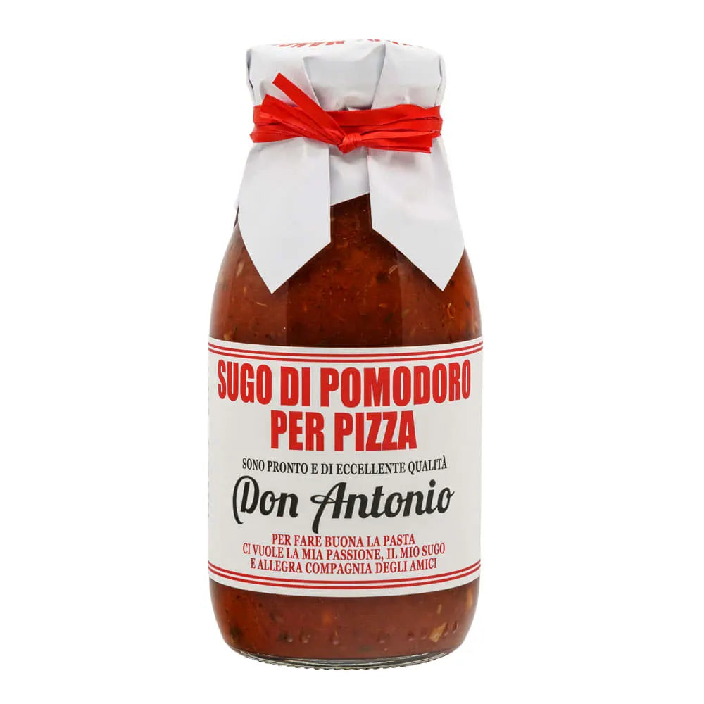 Et 250 ml glass med Don Antonio Sugo per Pizza med hvit og rød etikett-ekte italiensk pizzasaus, perfekt til hjemmelaget pizza.