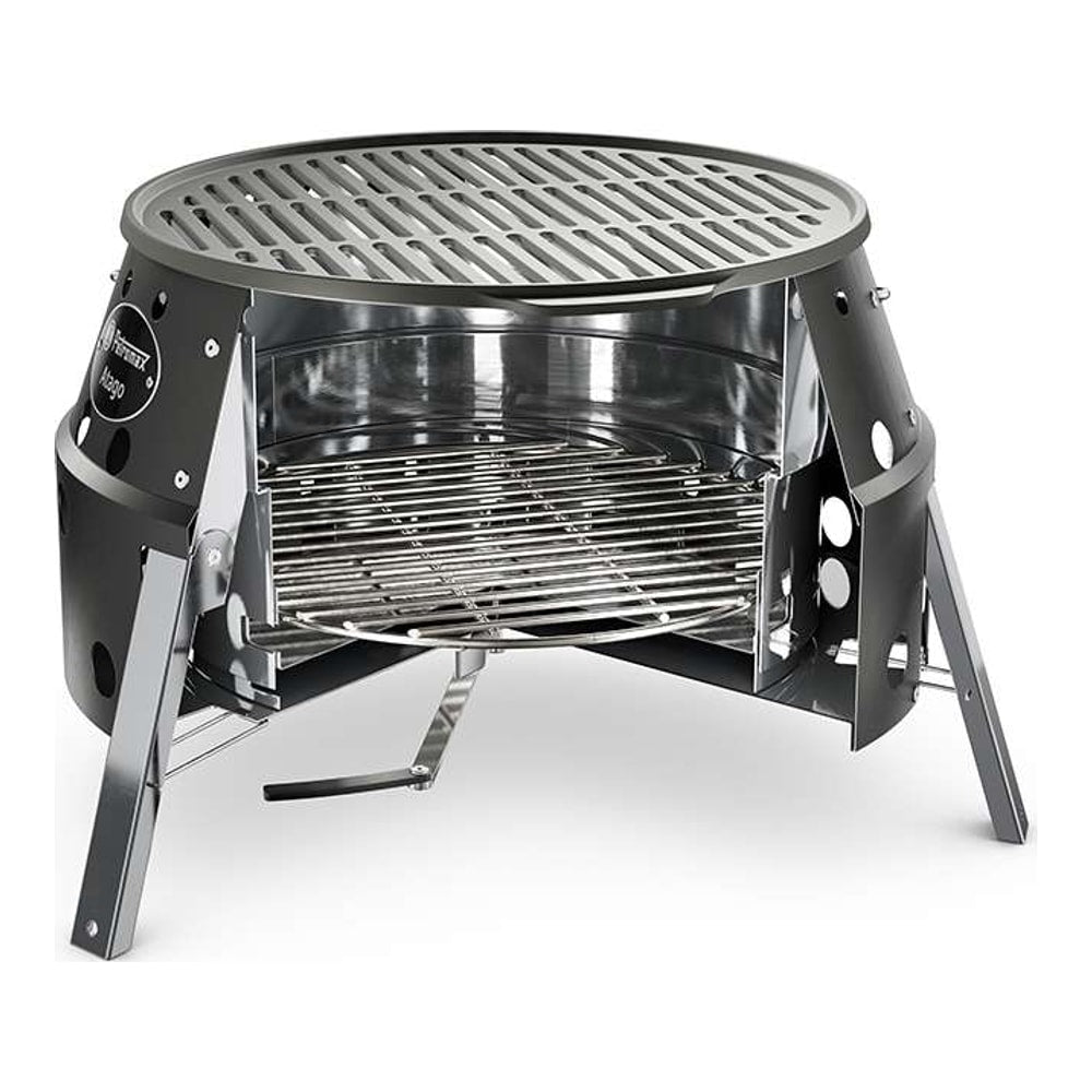 Snitt av Petromax Atago Black Edition som viser dobbel vegg, kullrist og grillrist