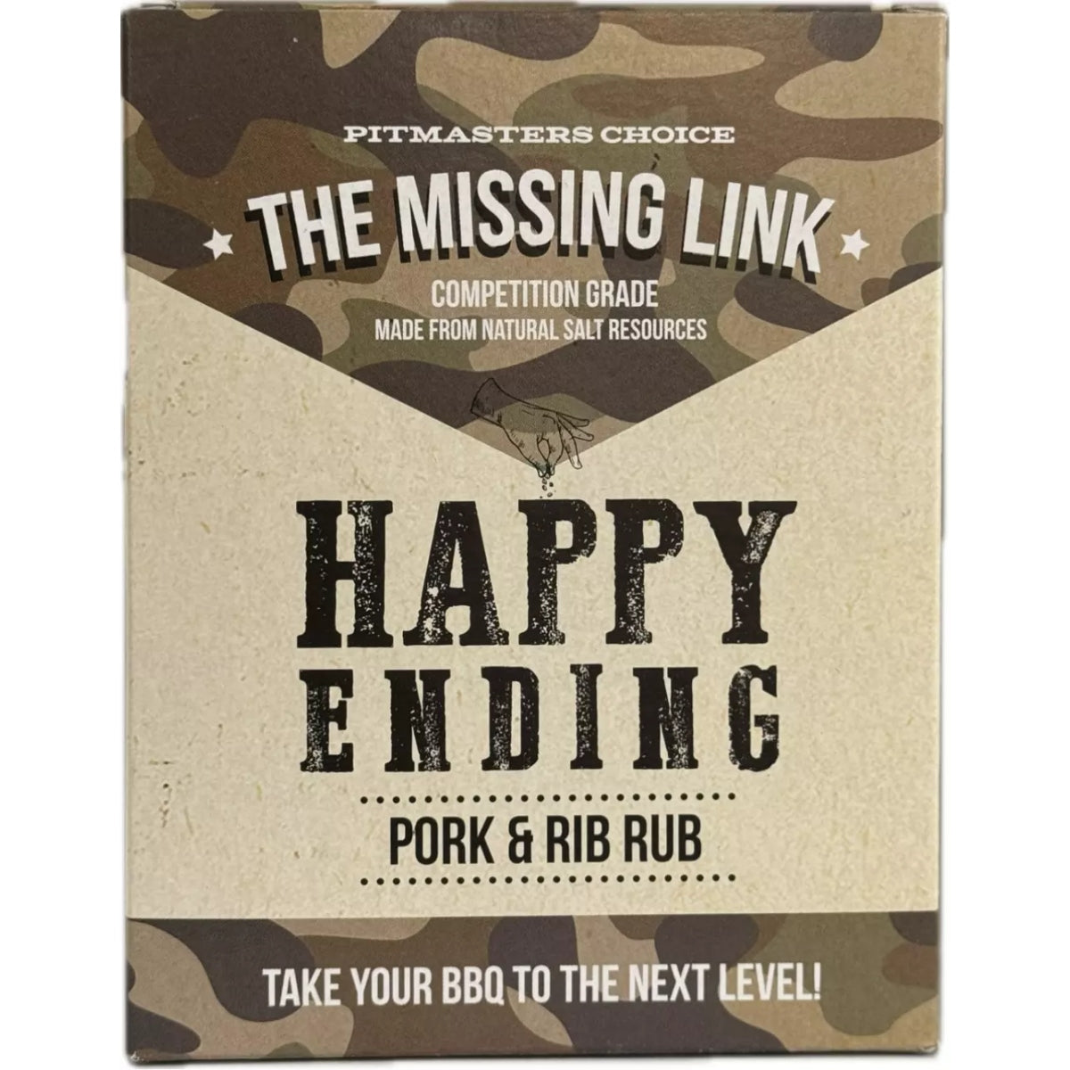 Missing Link Happy Ending Pork & Rib Rub er laget av naturlige saltressurser og kommer i en kamomønstret eske - perfekt for low and slow BBQ eller for å gi pulled pork et ekstra løft.