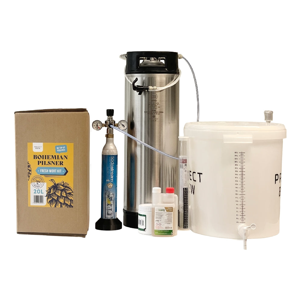 Simply Brew - Komplett startsett med Bohemian Pilsner 20L Fresh Wort Kit inkluderer gjæringsbøtte, fett, CO2-tank, vaskeutstyr og alt du trenger for å brygge din egen friske Bohemian Pilsner hjemme.