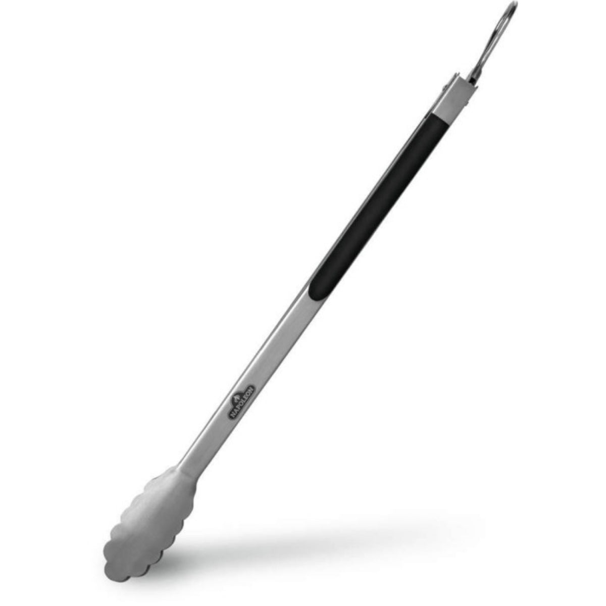 Napoleon Grilltang i Rustfritt Stål har riflete kanter, sort håndtak og låsemekanisme - ideelt som grillverktøy for enhver grillentusiast.