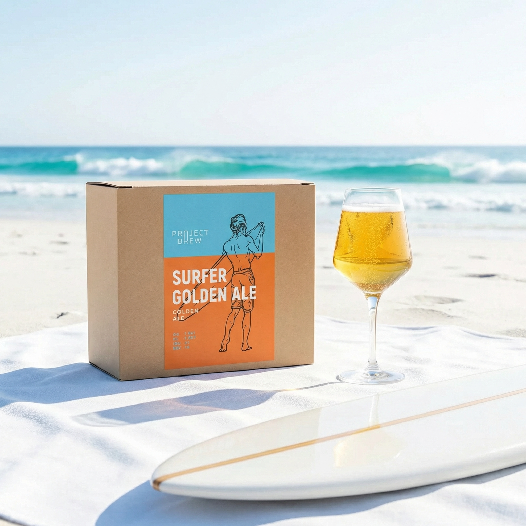 Et glass Project Brew Surfer Golden Ale - allgrain ølsett står ved en boks på en solfylt strand.