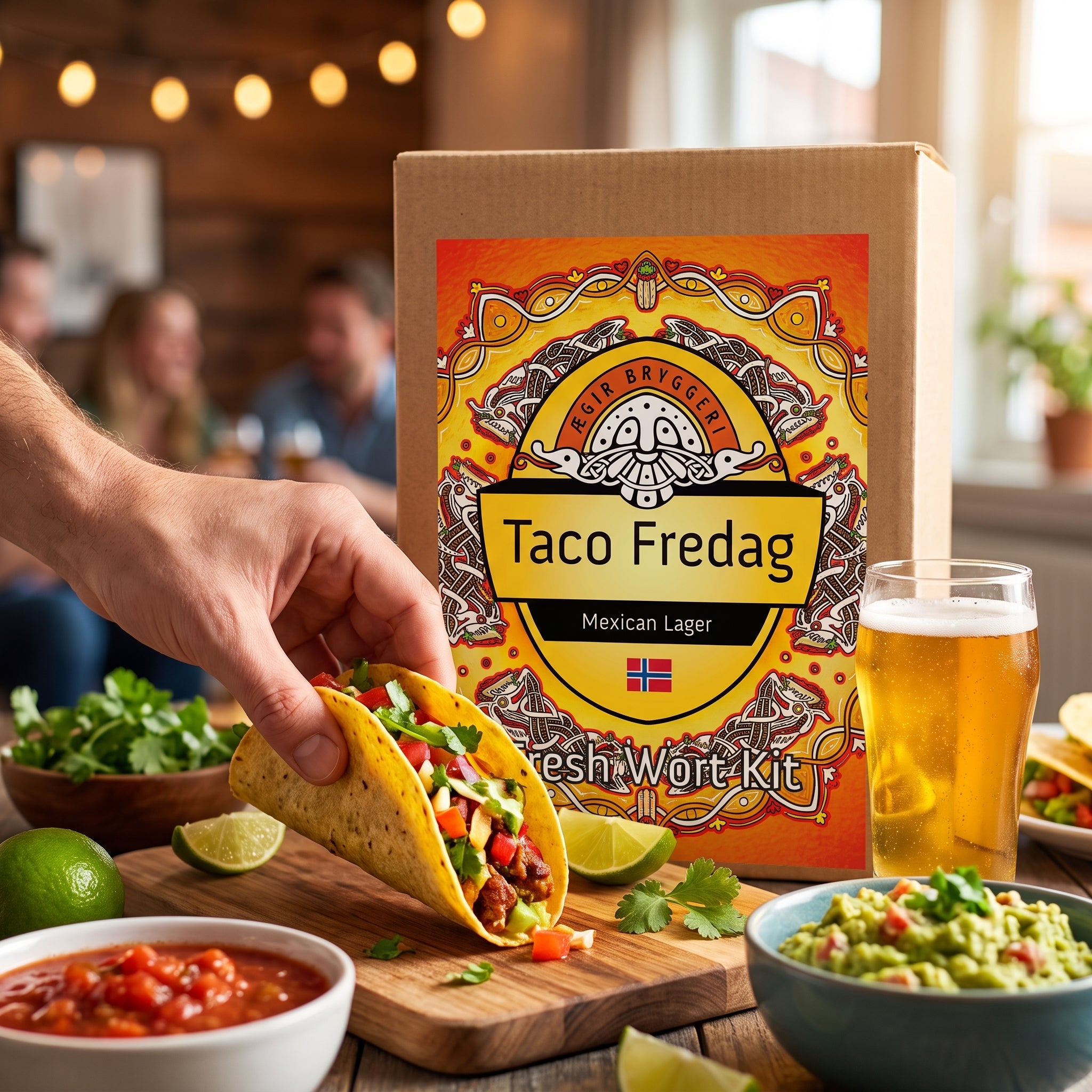 En hånd holder en taco ved siden av et glass Ægir Taco Fredag Mexican Lager, med taco-ingredienser og esken med 20L Fresh Wort Kit fra Ægir Bryggeri på bordet. Det er uskarpe mennesker i bakgrunnen.