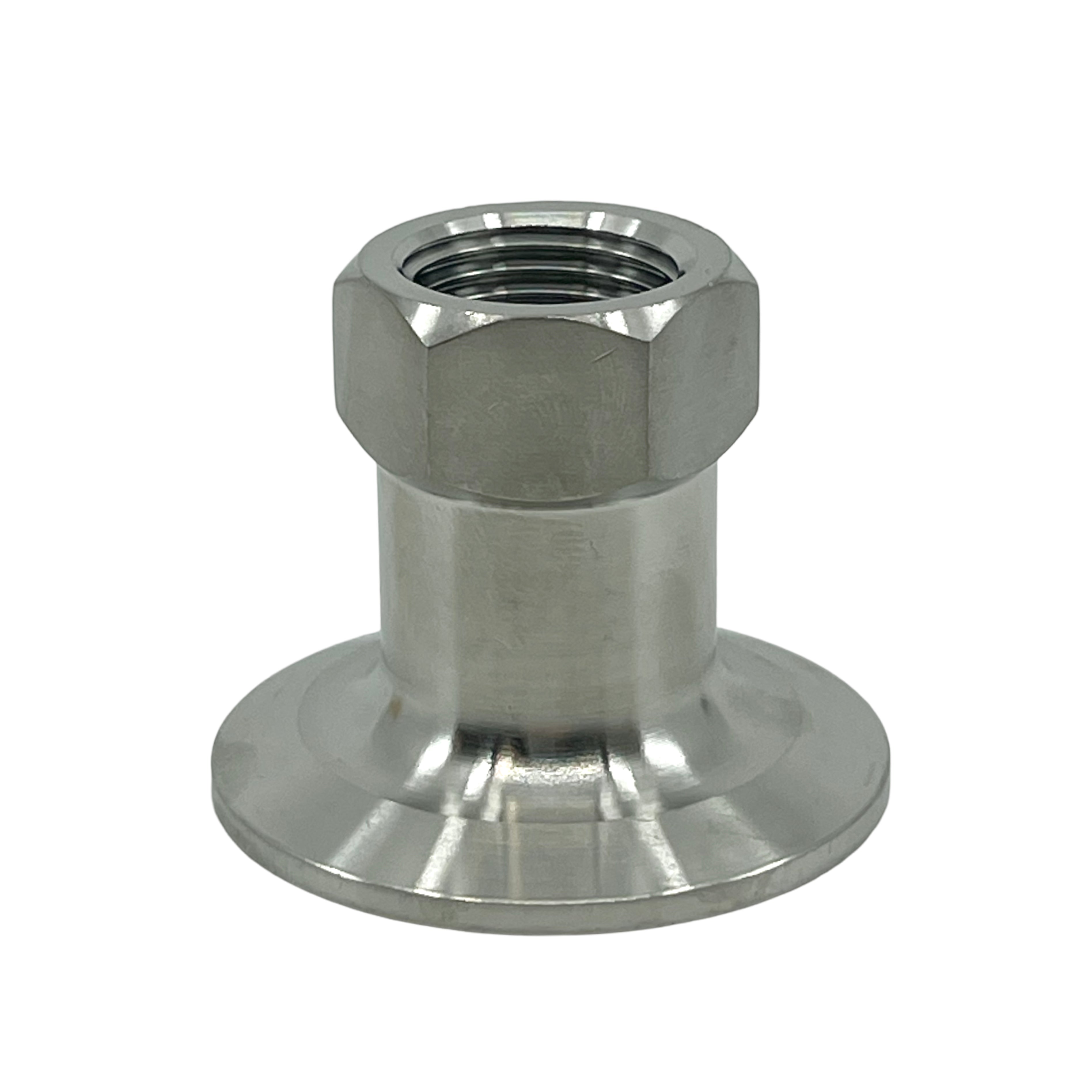 1,5" Tri-Clamp x 1/2" FPT (hunn) laget av rustfritt stål 304 med gjenger, fotografert på hvit bakgrunn.