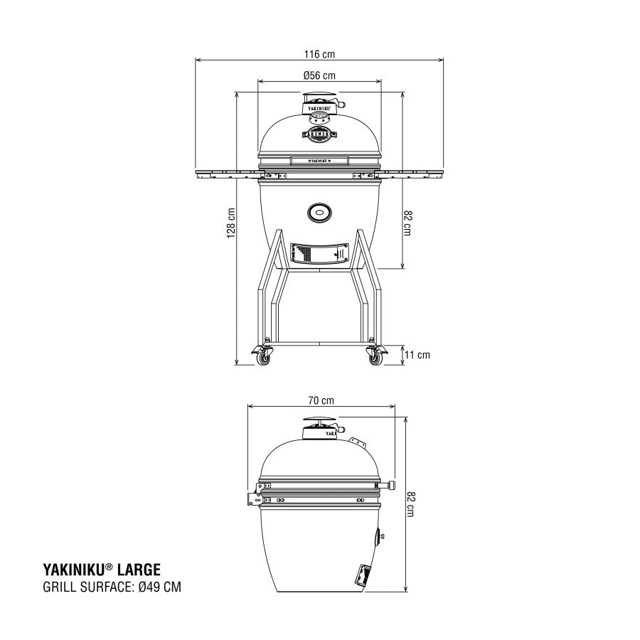 Teknisk tegning av YAKINIKU Kamado Large Complete-grillen med dimensjoner: 116 cm bred, 70 cm dyp, 122,8 cm høy og en grillflate med en diameter på 49 cm.