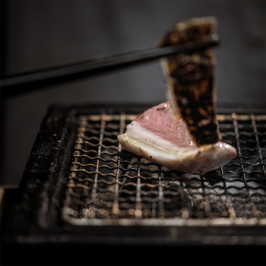 Et stykke fisk med sprøtt skinn holdes med spisepinner over YAKINIKU LARGE Rectangular Shichirin | Konro & Yakitori Grill.