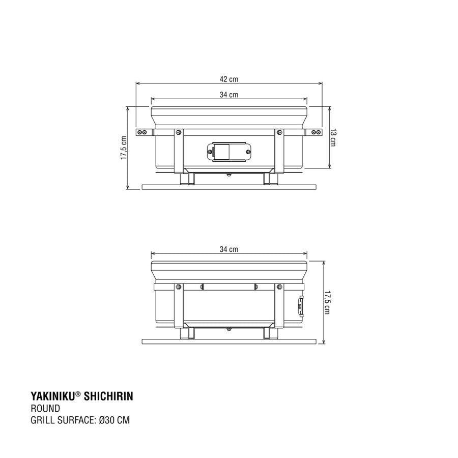 Teknisk tegning av YAKINIKU Round Shichirin Japansk Bordgrill, som viser dimensjonene: 42 cm bred, 17,5 cm høy, med en grillflatediameter på 30 cm.