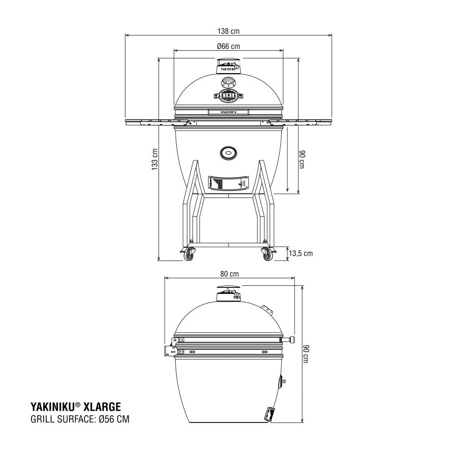 Teknisk strektegning av YAKINIKU Kamado XLARGE Komplett keramisk grill med merkede mål: grillflate Ø56 cm, total bredde 138 cm, høyde 130 cm.