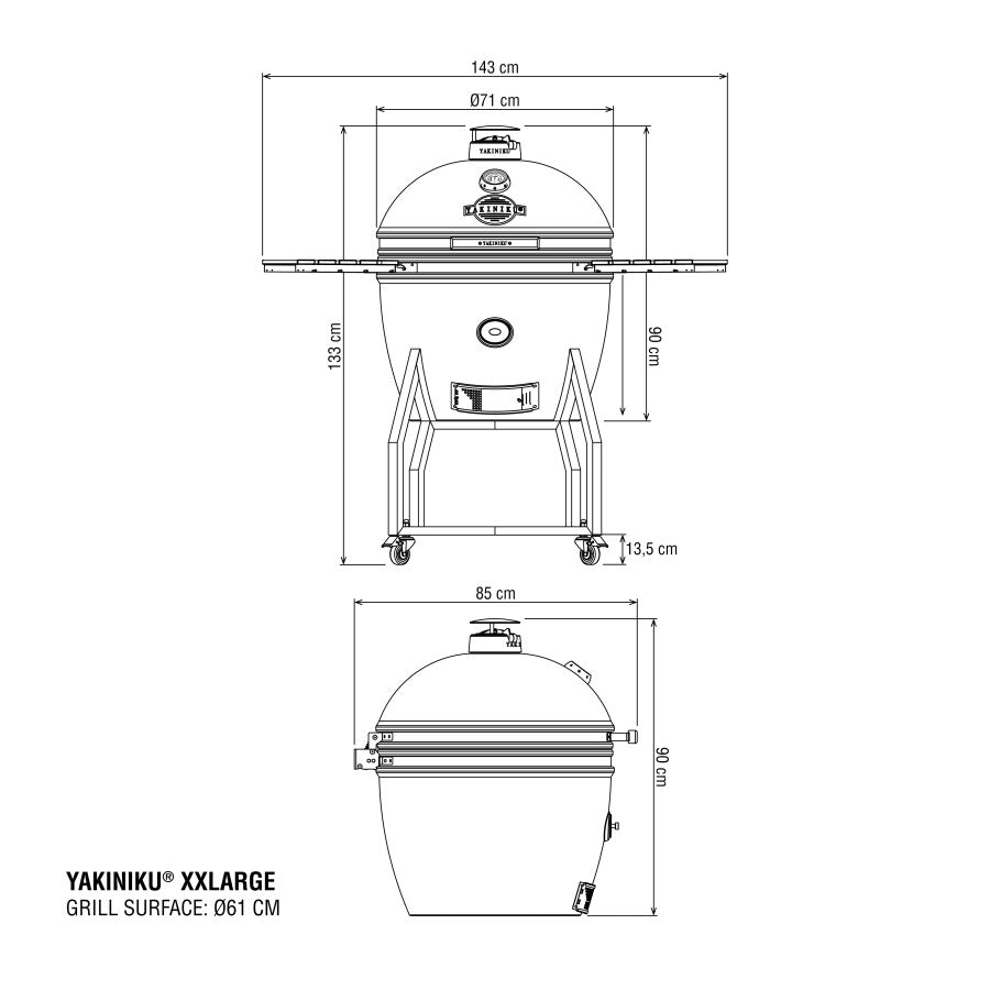 Teknisk diagram av YAKINIKU Kamado XXLARGE Complete, med front- og sideansikter med merkede mål; grillflaten er 61 cm. Ideell til proffsettet ditt eller et hvilket som helst keramikk-grillarrangement.
