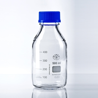 Flaske 500ml av 3.3 borosilikatglass, med blå kork