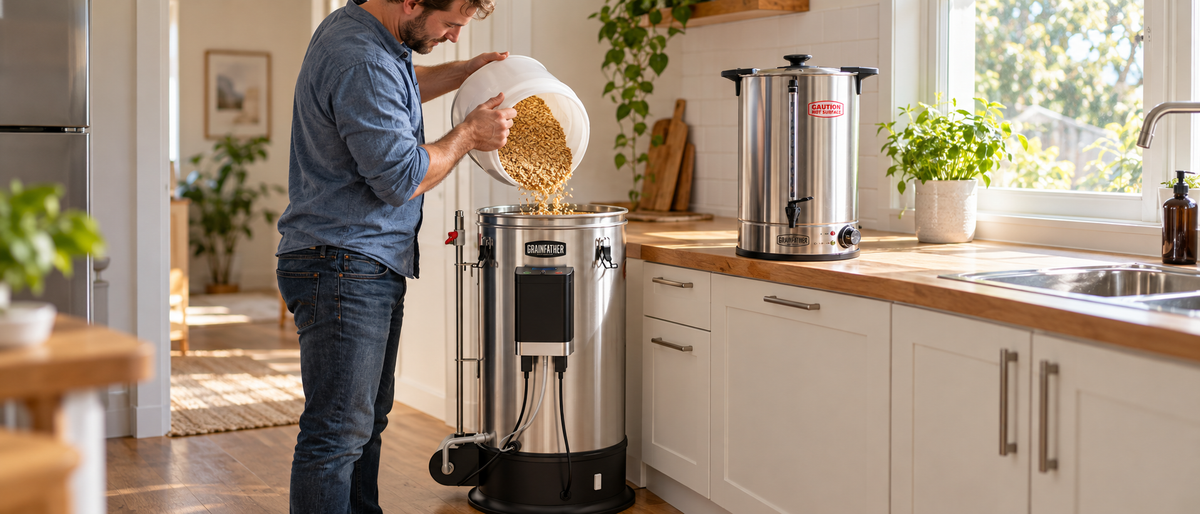 Hjemmebrygger heller knust malt i en Grainfather G30 på kjøkkenet, med vannvarmer til skyllevannet på benken