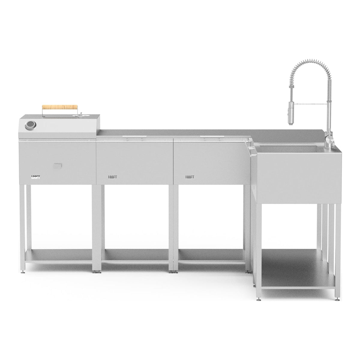 Looft utekjøkken i rustfritt stål med kullgrill, sidebord og vask