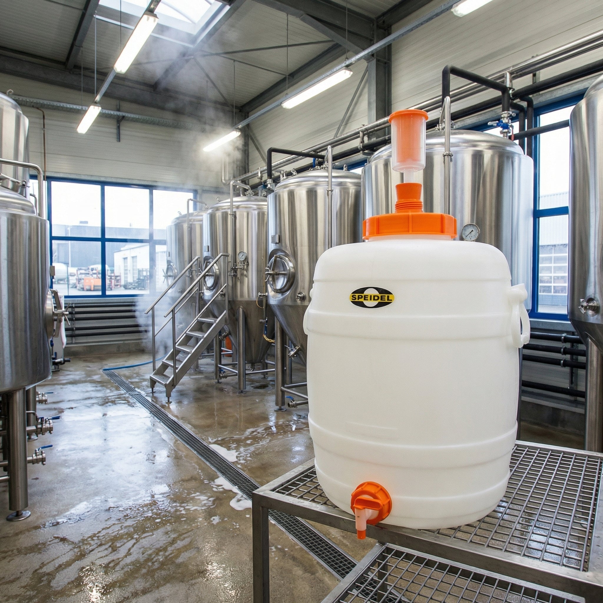 A Speidel gjæringskar 30L med gjærlås og tappekran i hvit næringsmiddelgodkjent plast med oransje lokk står i et bryggeri, foran store ståltanker.