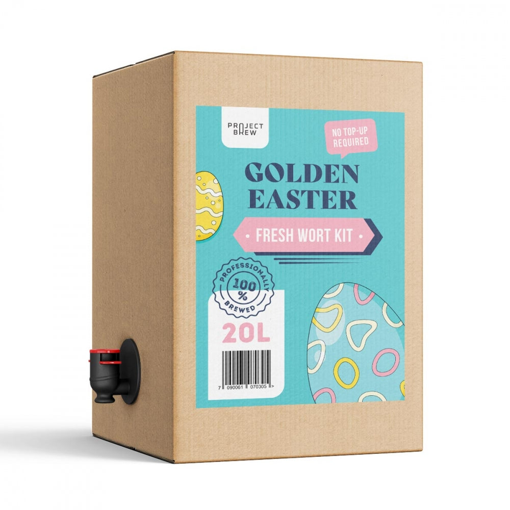 Et 20L Golden Easter Fresh Wort Kit, også flott som sommerøl (Også et nydelig sommerøl), ideelt for brygging av ditt eget påskeøl. Boksen har fargerike eggmotiver og kommer med en tappekran på venstre side.
