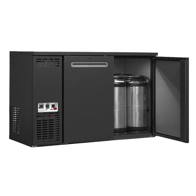 LINDR DFK-8 L Fatkjøler (bestillingsvare) fra DFK-serien har et elegant, svart design med en åpen dør som viser to fat i rustfritt stål på innsiden og et kontrollpanel på venstre side, noe som gjør den til en ideell ølkjøleskapløsning for oppbevaring av drikkevarer på fat.