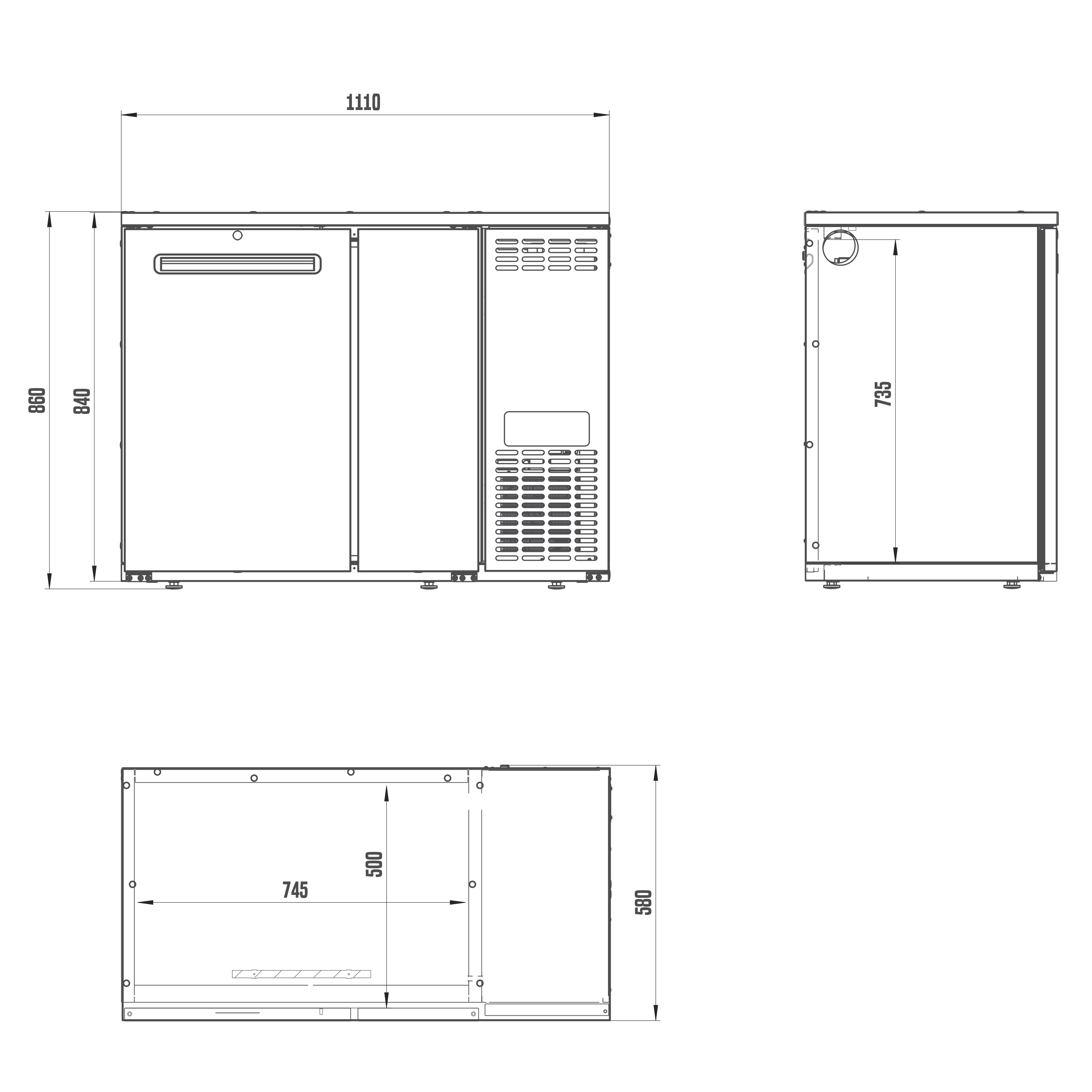 Teknisk tegning av LINDR DFK-6 Fatkjøler, rektangulær form, med front-, side- og ovenfravisning som viser detaljerte mål i millimeter.