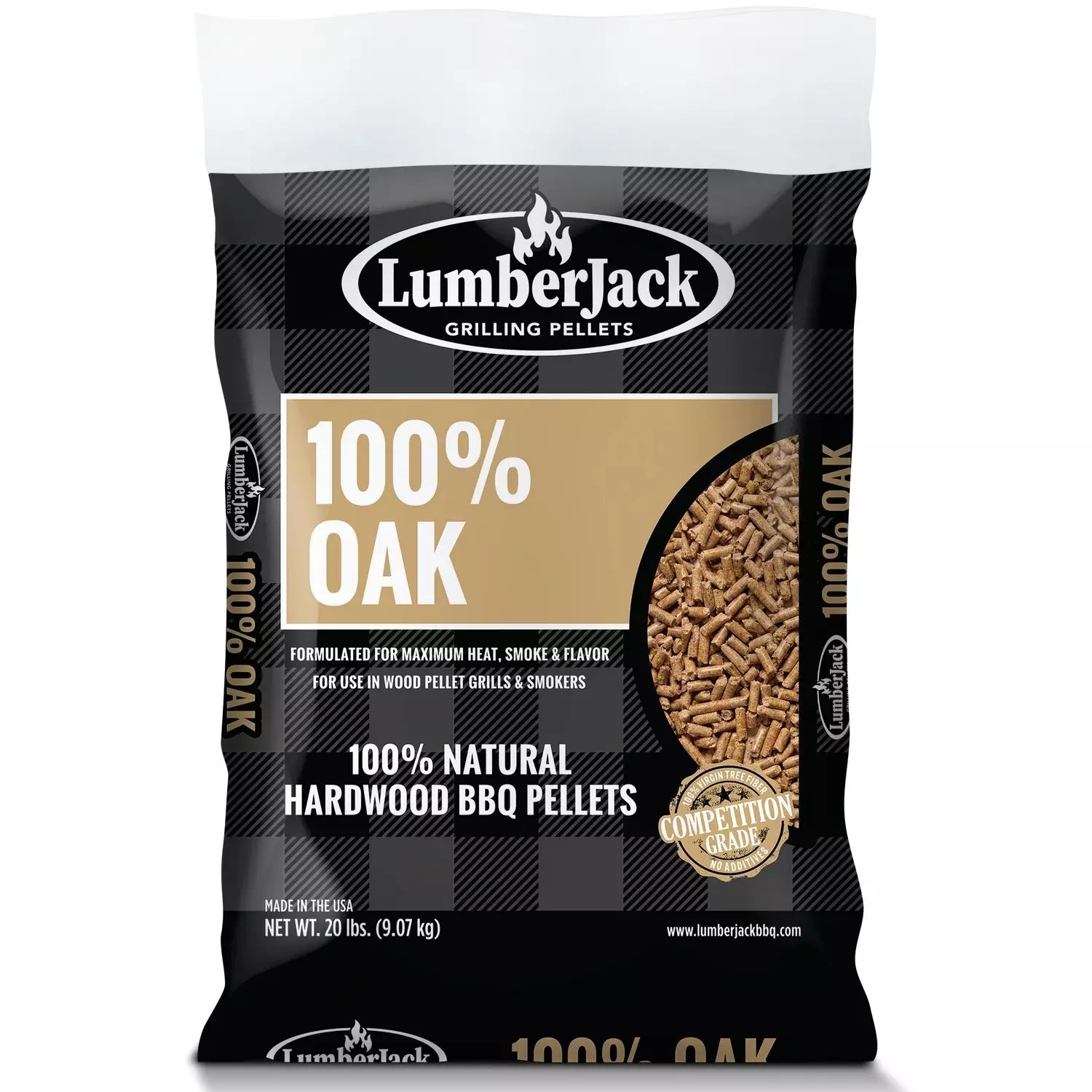 En 9 kg stor pose med LumberJack Oak Pellets BBQ Grillpellets for pelletsgriller og røykere, med svart og brun emballasje.