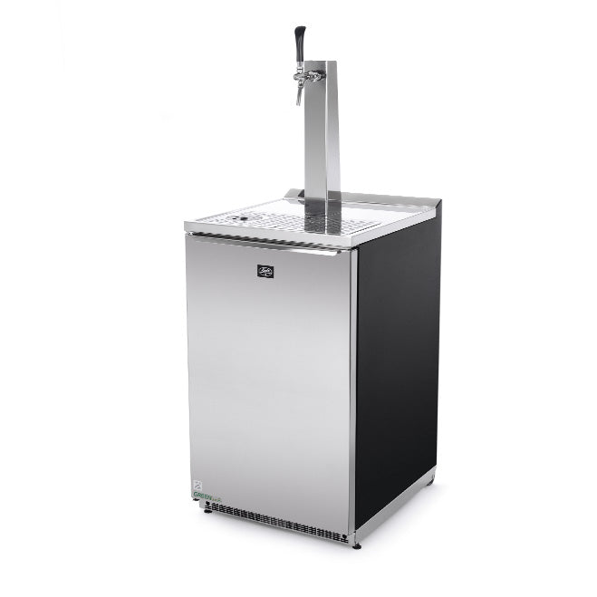 Lindr Combi Cold Bar 50 (Bestillingsvare) er en bestillingsvare i rustfritt stål med svart skap, dryppbrett, tappeanlegg og tappetårn for fatdrikk.