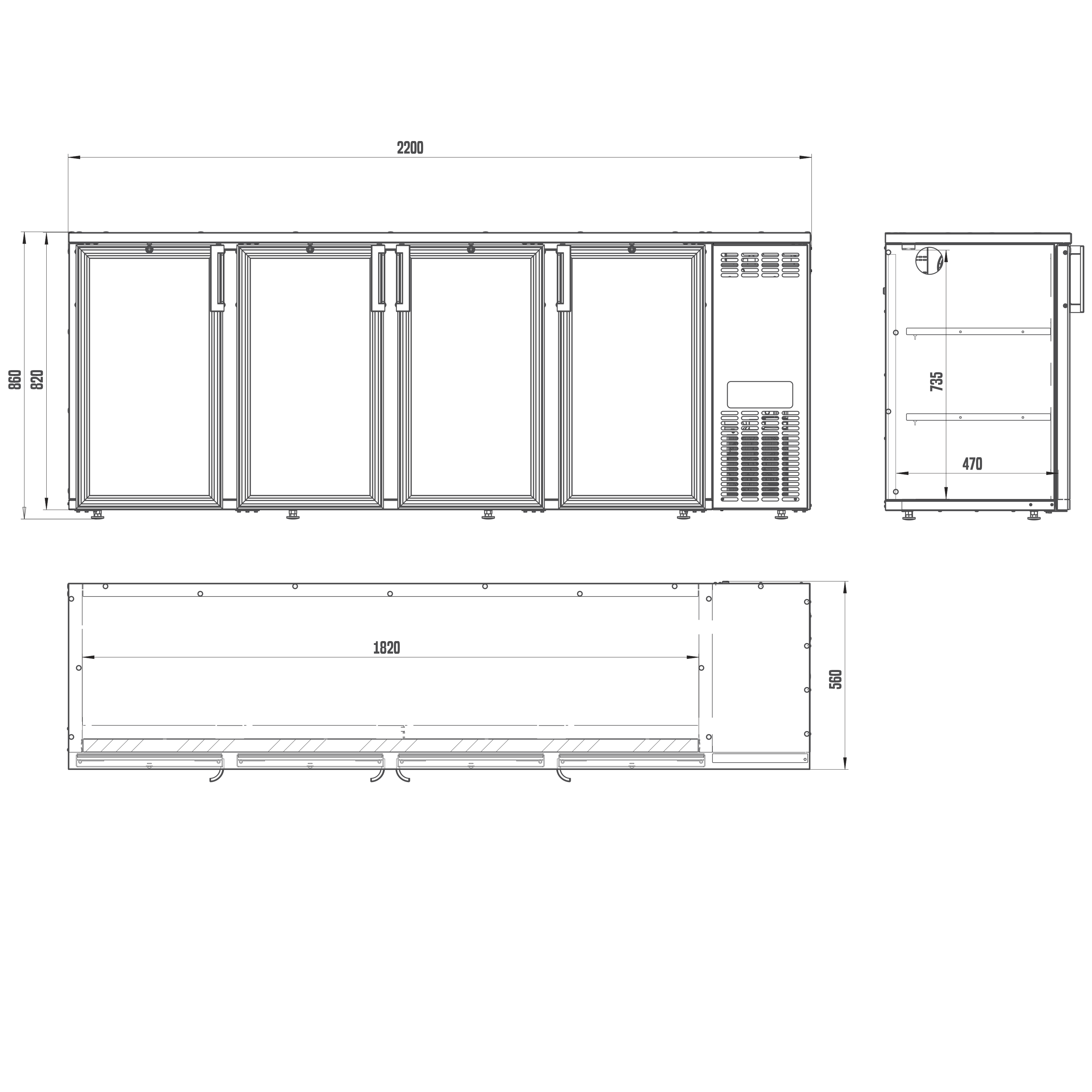Teknisk tegning av LINDR DCL-4 C Green Line Flaskekjøler (bestillingsvare), et kommersielt kjøleskap utviklet for barinstallasjoner, med front-, side- og oversiktsbilder. Alle visninger er merket med mål i millimeter: 2200 mm bredt, 850 mm høyt og 570 mm dypt – ideelt for profesjonelle kjølebehov.