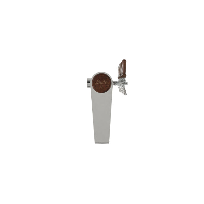 En Lindt Naked Cold Bridge 12 Tappetårn sjokoladedispenser laget av rustfritt stål og tre, med tre håndtak merket «Lindt», elegant designet og avbildet sett fra siden mot en hvit bakgrunn.