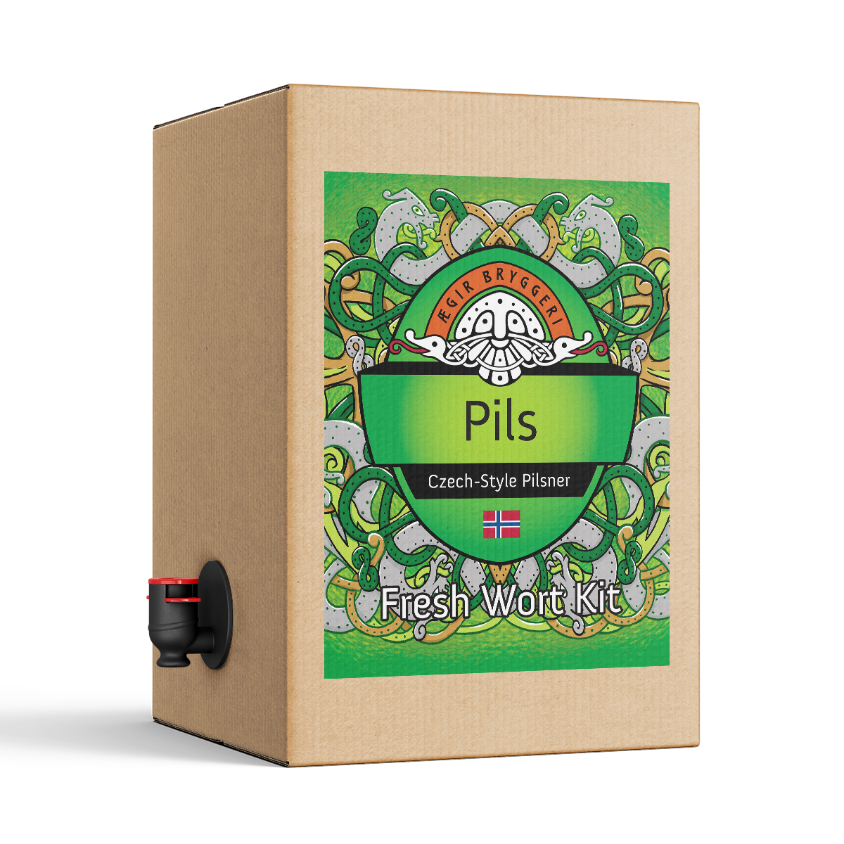 En pappeske merket «Ægir Pils – 20L Fresh Wort Kit» har en tappekran nederst til venstre og et fargerikt grønt design, noe som gjør den perfekt til å brygge din egen pilsner i tsjekkisk stil med dette ferskvørtsettet.