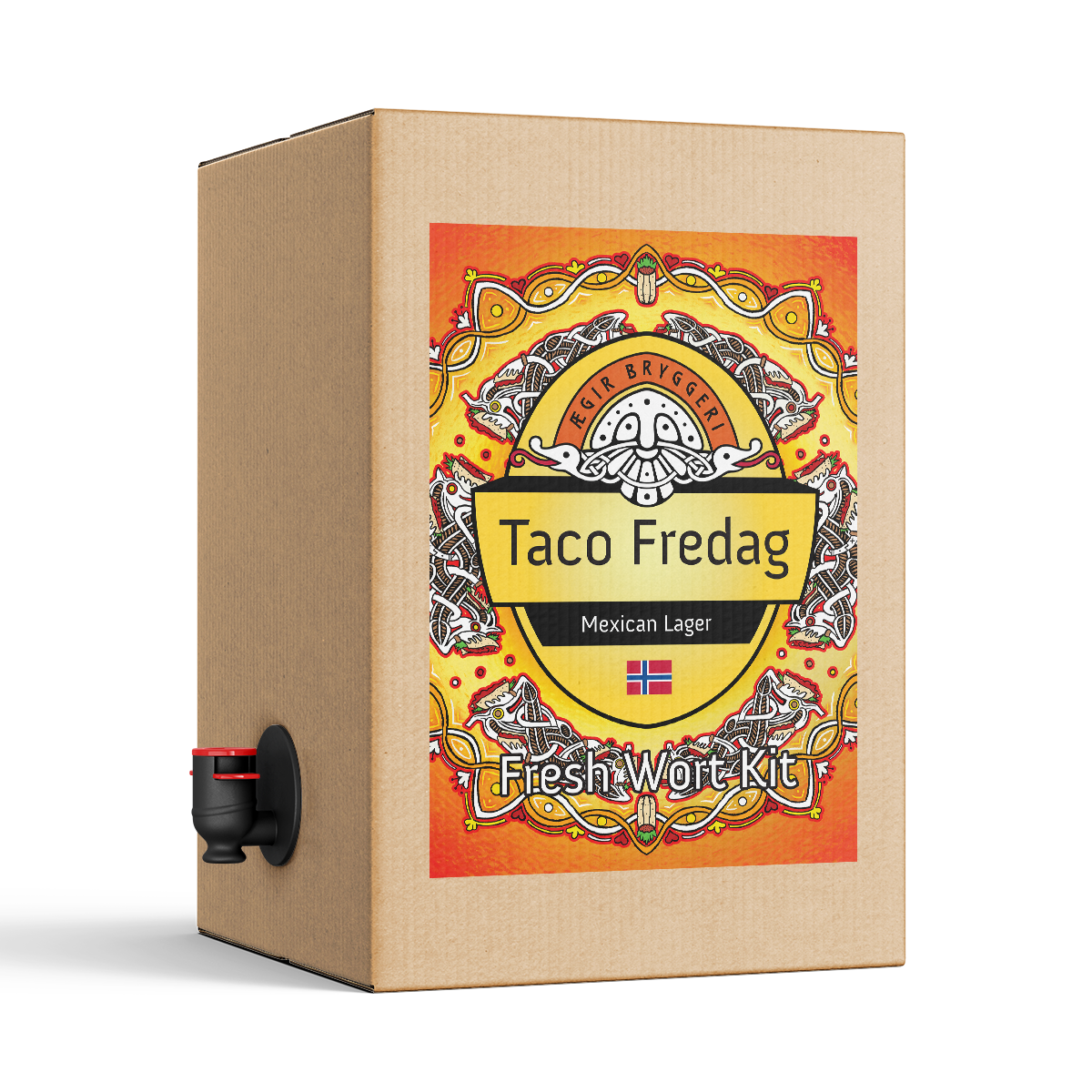 En eske med et 20L «Ægir Taco Fredag Mexican Lager Fresh Wort Kit» har livlige illustrasjoner med meksikansk tema og en tappekran på venstre side.