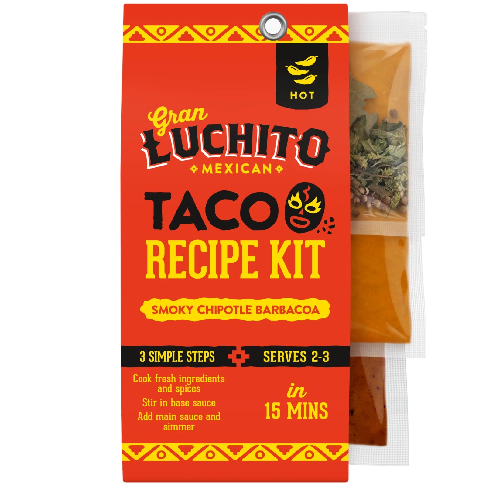 Gran Luchito Barbacoa-oppskriftssett på 300 g med smaken «Smoky Chipotle Barbacoa» bringer autentiske meksikanske smaker til bordet ditt. Dette settet inneholder krydderpakker og saus til deilige tacos med langtidskokt kjøtt for 2–3 personer. Med en sterk smak, klare instruksjoner og en rask tilberedningstid på bare 15 minutter – som er tydelig angitt på forsiden – blir taco-kvelden enkel og smakfull.