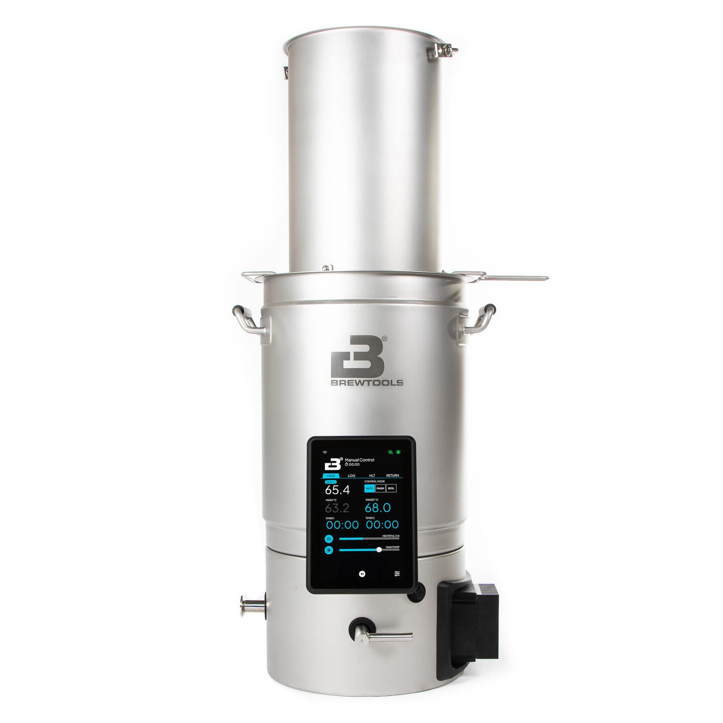 Brewtools B25 bryggesystem 230 V 2 kW | Bryggemaskin har en konstruksjon i rustfritt stål, et digitalt kontrollpanel og et sylindrisk hus med et høyt øvre kammer.