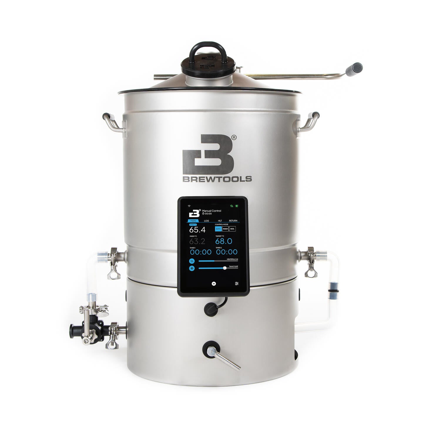 Et Brewtools B50-bryggesystem, 230 V, 3,3 kW | Bryggemaskin med digitalt kontrollpanel, ventiler og håndtak, er avbildet mot en hvit bakgrunn.