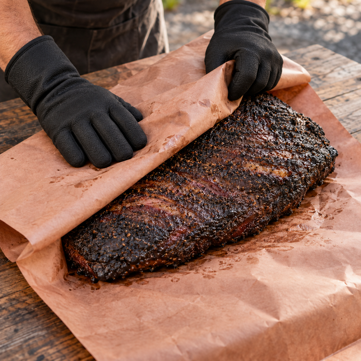 Hender med svarte hansker pakker inn et modnet oksebryst i et ark BBQ Butcher Paper 53 m.