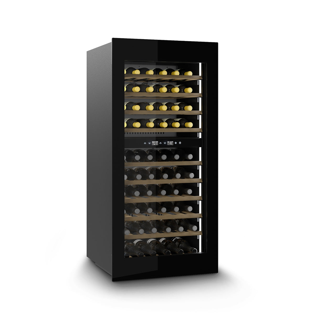 Caso WineDeluxe WD 60 Innbyggings vinskap er et svart vinkjøleskap med glassdør, flere hyller fylt med vinflasker og et sentralt plassert digitalt temperaturkontrollpanel – perfekt for elegant vinoppbevaring.