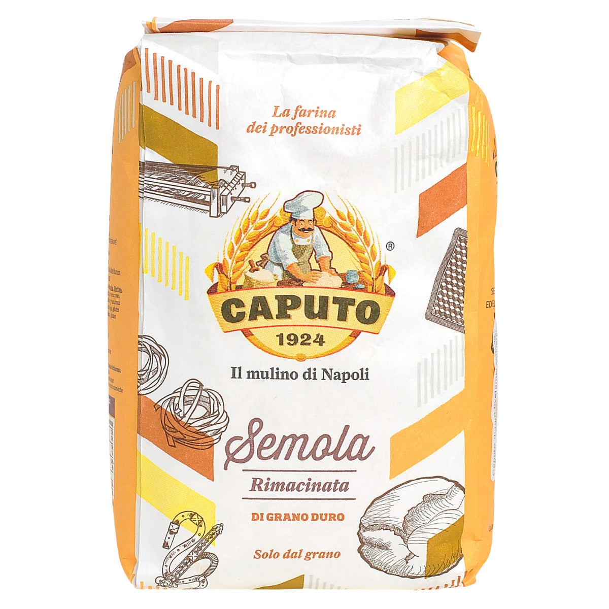 En 1 kg pose med Caputo Semola Durum Hvetemel, med hvete-, brød- og bakerillustrasjoner, merket Il mulino di Napoli og Solo dal grano-perfekt til hjemmelaget pasta.
