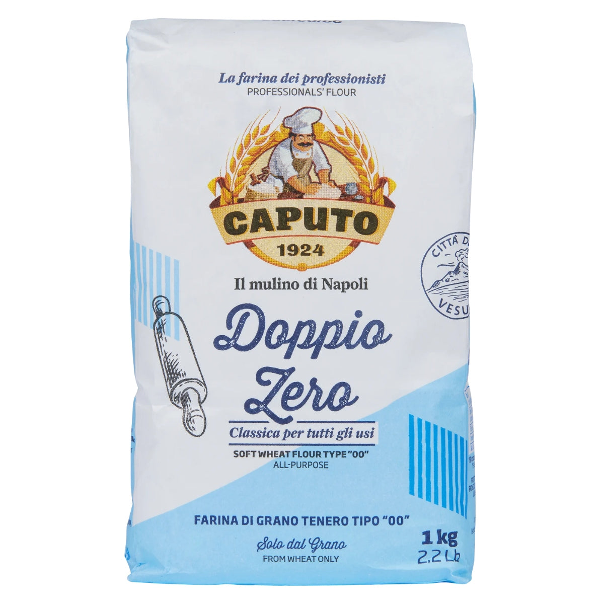 En 1 kg pose med Caputo Doppio Zero Classica Tipo 00 hvetemel-italiensk mel perfekt for pizzabunn-kommer i blå og hvit emballasje med bakerlogo og italiensk tekst.