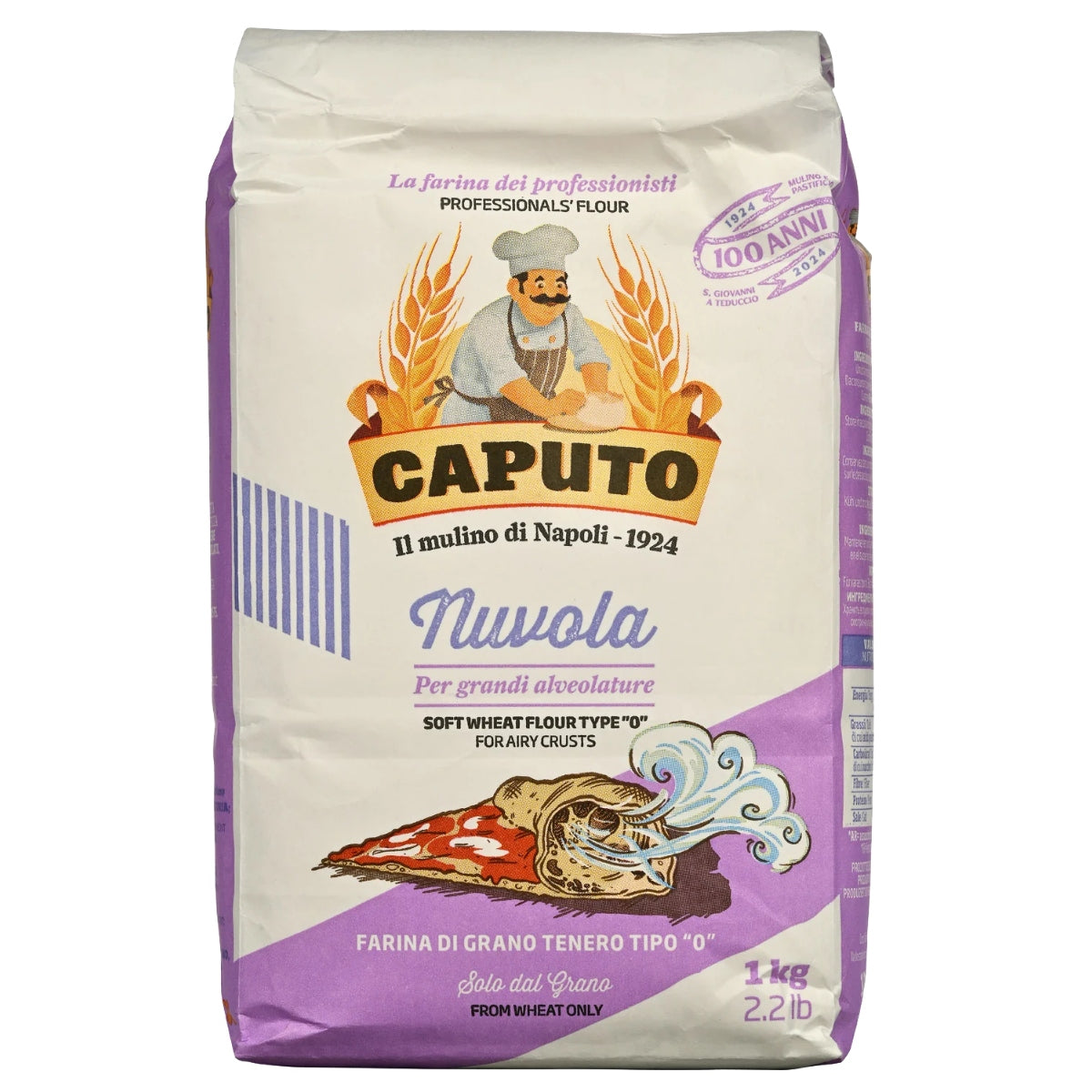 Caputo Nuvola Tipo 0 1 kg hvetemel er perfekt for luftige pizzaskorper. Emballasjen har en illustrasjon av en baker og dekorative elementer.