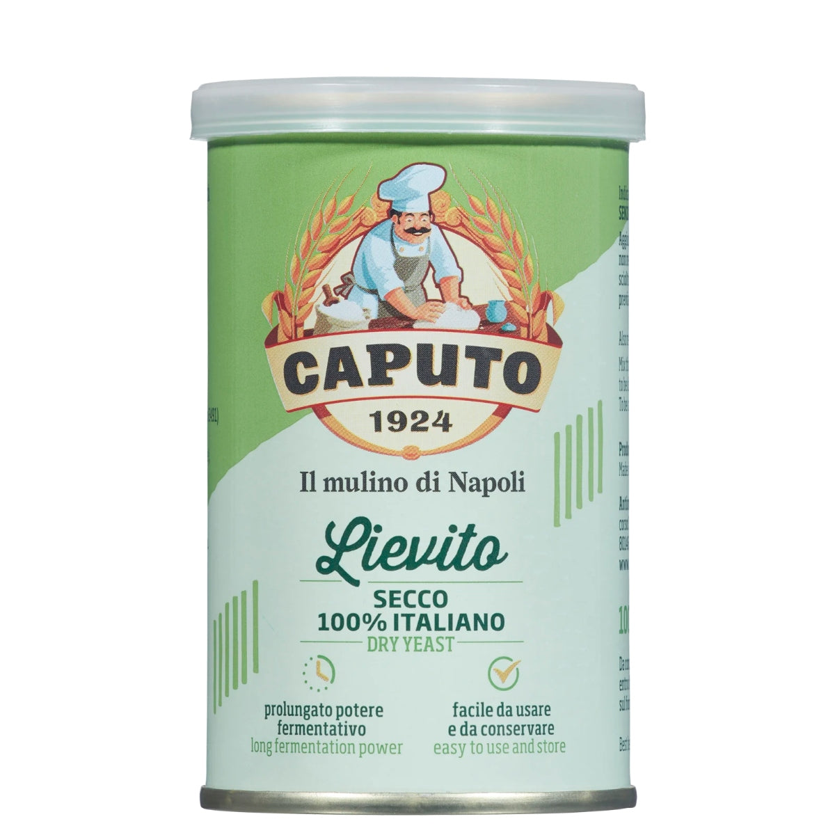 Caputo Pizzagjær Tørrgjær 100 g kommer i en lysegrønn og kremfarget boks med bakerillustrasjon og italiensk tekst - ideell for å lage autentisk pizzadeig med italiensk tørrgjær.
