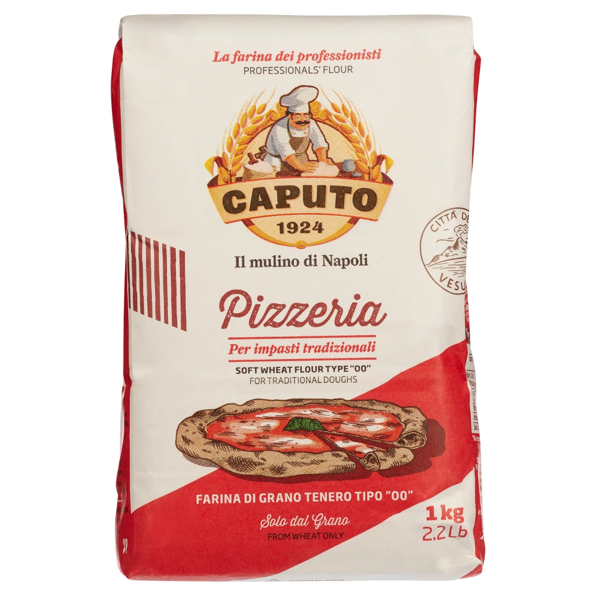 Caputo Pizzeria Tipo 00 1 kg pizzamel, med en pizza- og bakerillustrasjon, er perfekt til å lage tradisjonell napolitansk pizzadeig.