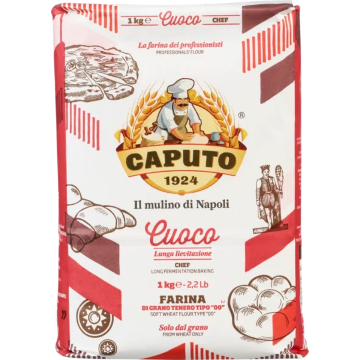 Caputo Cuoco Chef Tipo 00 1 kg hvetemel i rød og hvit pose med baker- og hveteillustrasjon, merket på italiensk og engelsk-ideell som italiensk pizzamel til ditt kjøkken.