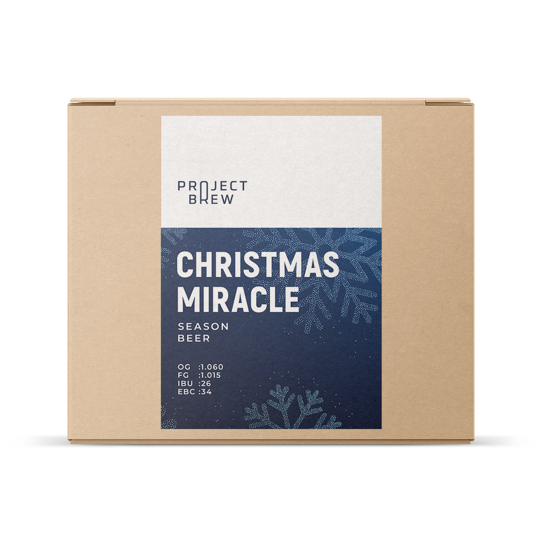 En pappeske merket "Christmas Miracle - allgrain ølsett", et juleølsett, viser bryggestatistikk på den blå etiketten med snøfnuggmotiv.