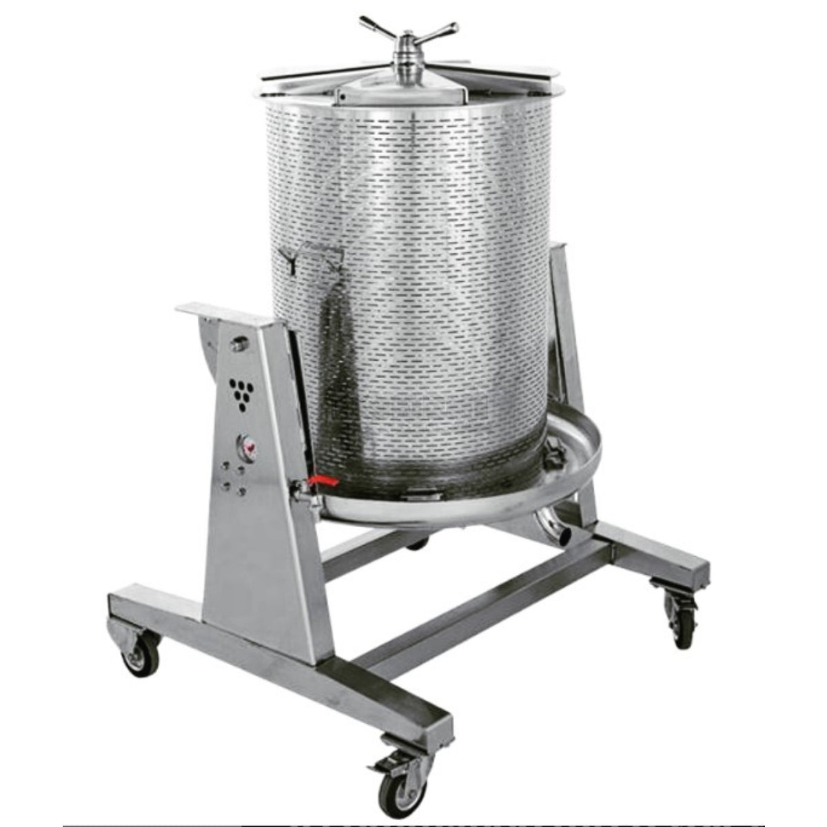 Enobeer Hydropress 250L er en fruktpresse fra Enobeer, Italia, med perforert sylinderkurv og håndsveiv på toppen. Perfekt for ciderproduksjon, montert på en metallramme med hjul for enkel flytting.