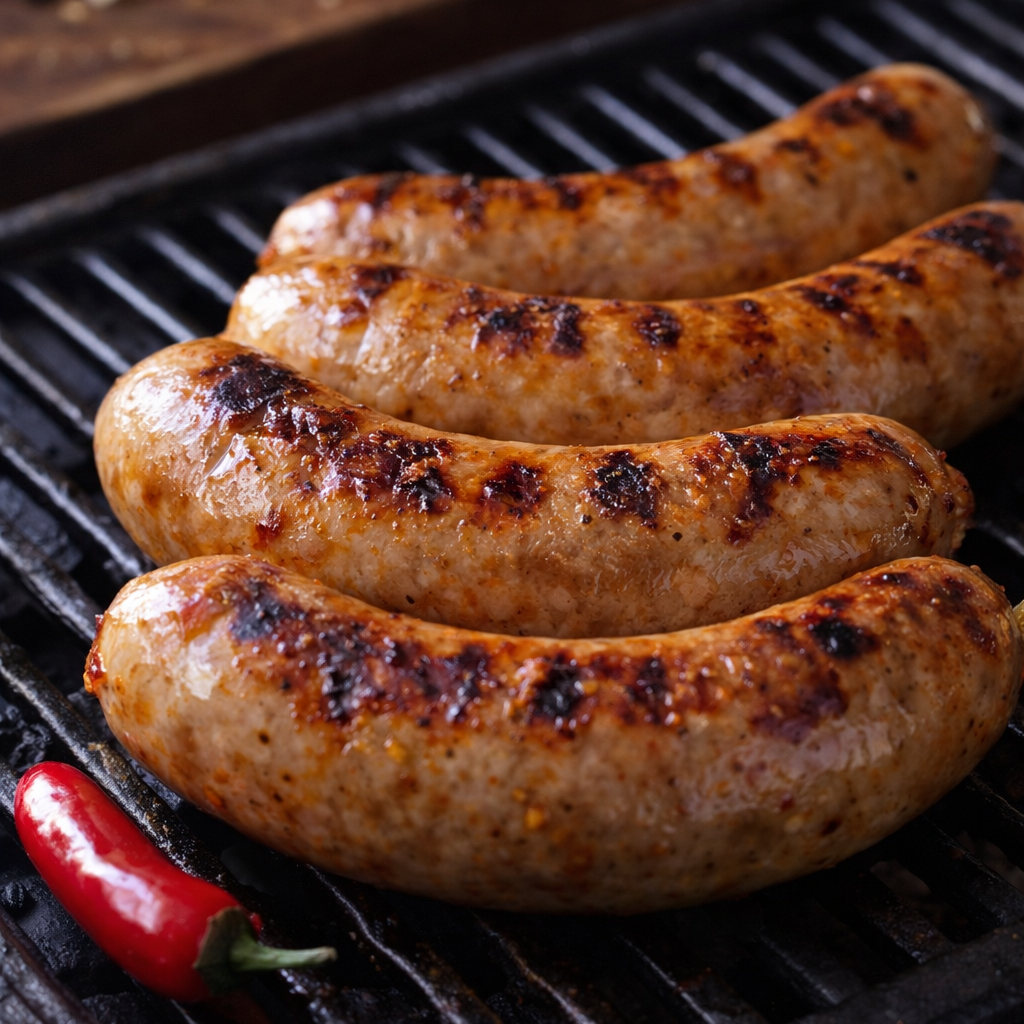 Fire grillpølser fra Trondheim Slaktehus, alle perfekt grillet, syder mens en Chilipølse - 0,6 kg (Trondheim Slaktehus) og en rød chili ligger ved siden av.