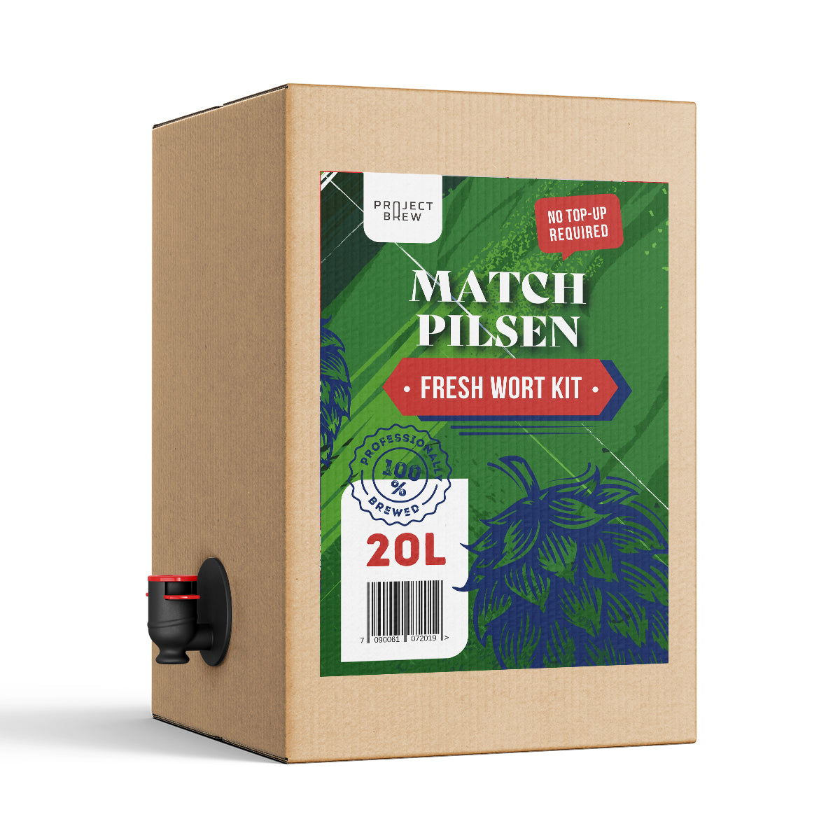 En pappeske merket «Match Pilsen – 20L Fresh Wort Kit», med en tut på siden og et grønt, hvitt og rødt design på forsiden, inneholder ferdigbrygget vørter for enkel hjemmebrygging.