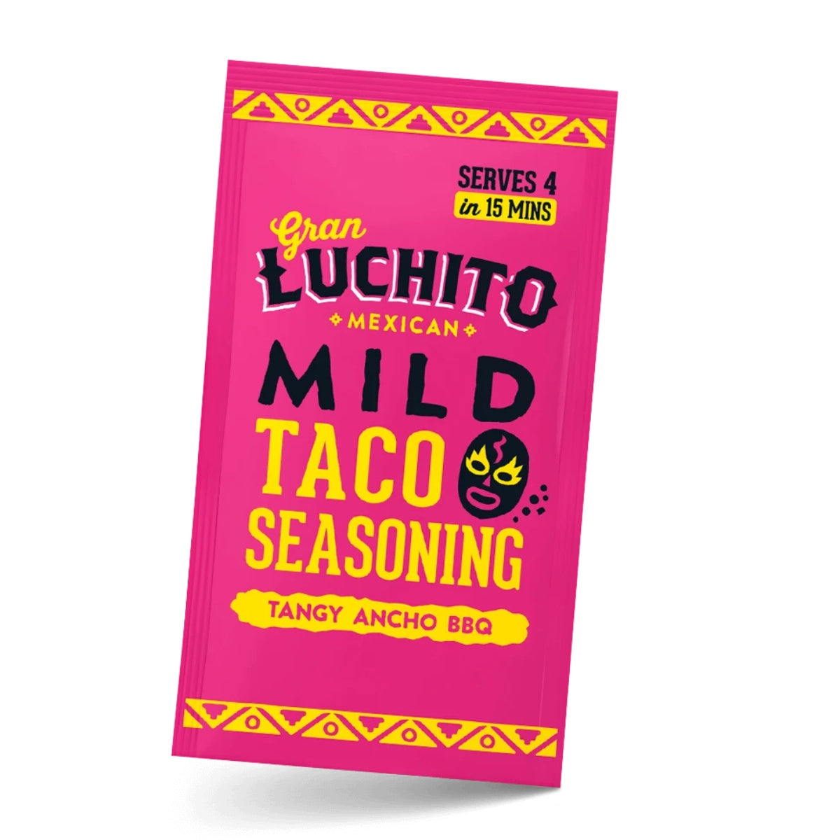 En rosa pakke Gran Luchito Mild Tacokrydder 28 g, en meksikansk krydderblanding med pikant Ancho BBQ-smak, rekker til 4 personer på 15 minutter.