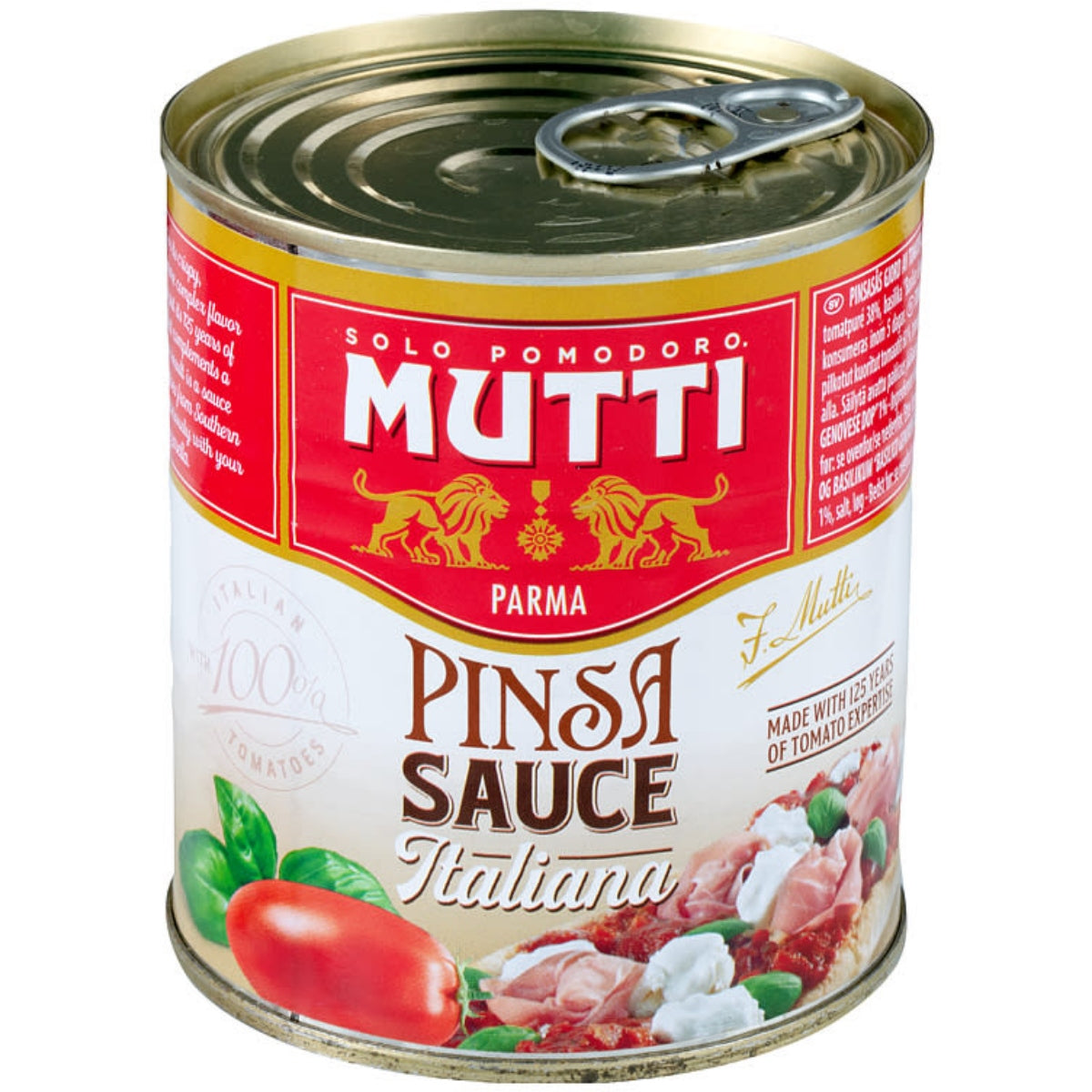 En 300 g boks med Mutti Pinsasaus Pizzasaus, med tomat- og matbilder på etiketten, et lokk som kan trekkes av og et kraftig rødt merke - perfekt til pizza eller andre italienskinspirerte oppskrifter.