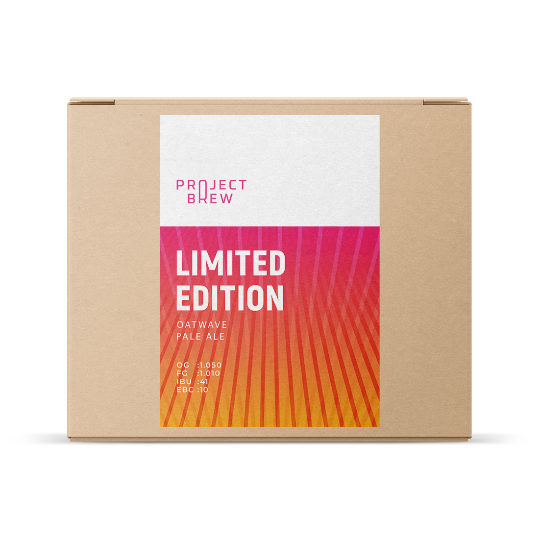 Pappeske med etiketten "Oatwave Pale Ale - Limited Edition allgrain ølsett - Med Ebbegarden Kveik", med et hvitt og oransjerosa gradientmønster.