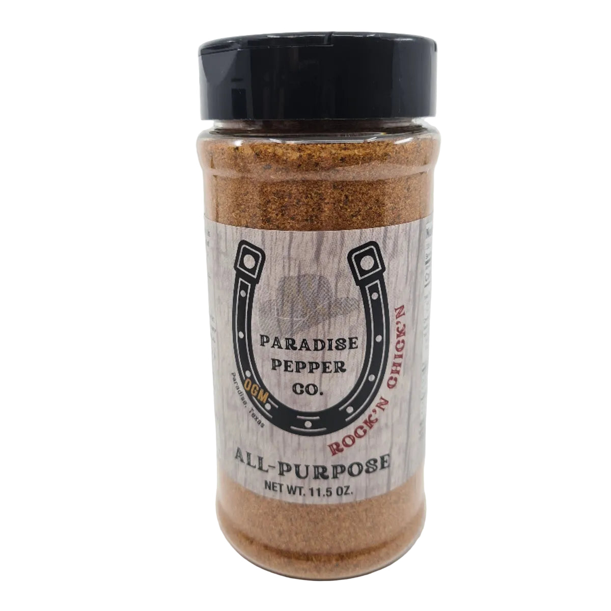 En gjennomsiktig plastkrukke med «Rock'n Chicken All-Purpose»-krydderblanding fra Paradise Pepper Co, med svart lokk, 11,5 oz – perfekt som krydder til Texas-BBQ eller kylling til alle dine grillbehov.